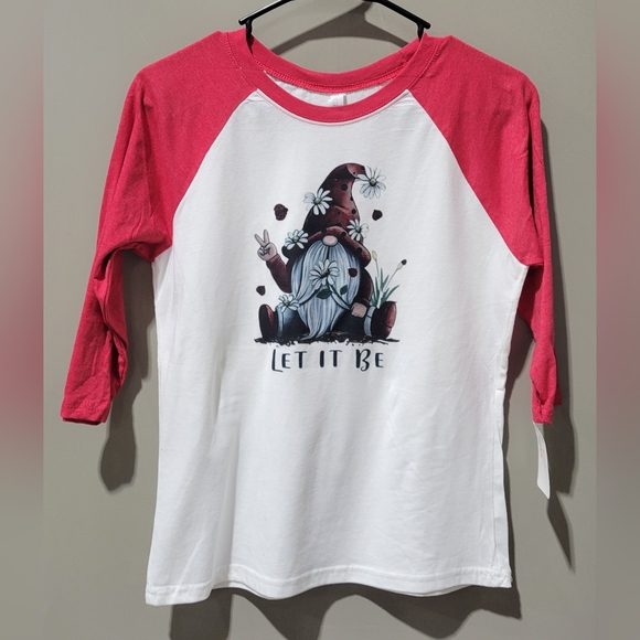LET IT BE Love Gnome Youth Large 10/12 Red 3/4 Raglan Sleeve Valentine's Day Tee - Picture 1 of 5